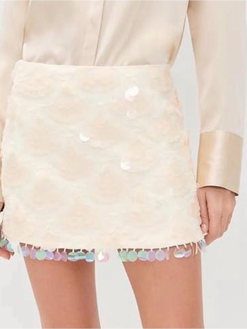 En Saison Cream Mini Skirt with Iridescent Sequin Fringe